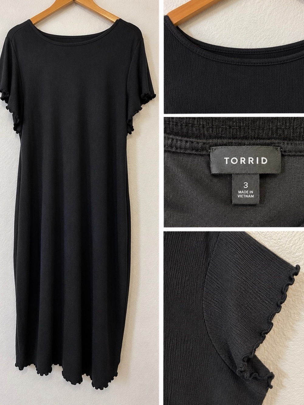 torrid Black Ribbed Midi Dress with Lettuce-Edge Sleeves
